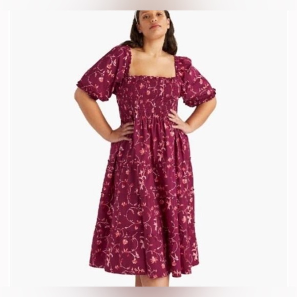 Hill House Home Midi Nesli Tiered Nap Dress in Burgundy Botanical Floral XS - Picture 11 of 12
